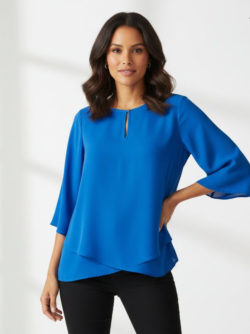 Karen Kane Asymmetric Top Small Blue Bracelet Sleeve Workwear Blouse NWT Flaw